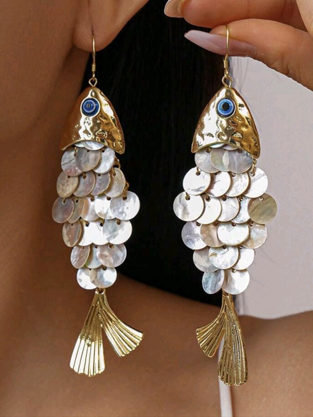 Gold Statement Pearl Fish Dangle Earrings